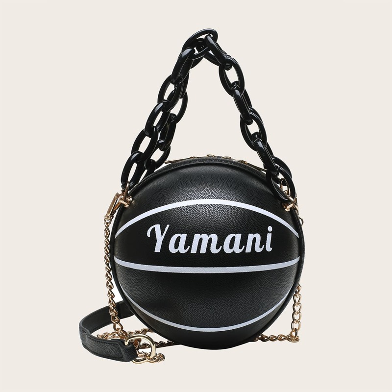 

Letter Graphic Ball Shaped Satchel Bag, Black