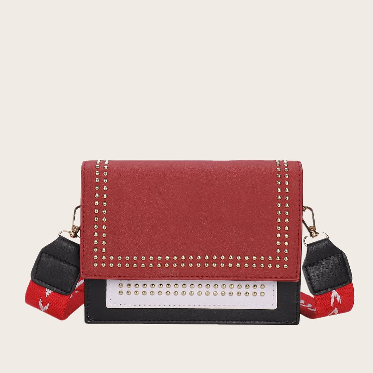 

Studded Decor Color Block Crossbody Bag, Red