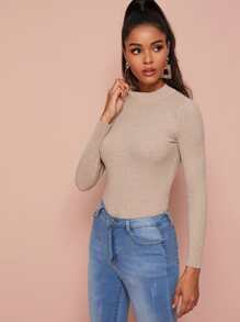 SHEIN Privé Jersey tejido de canalé de cuello alto unicolor - Albaricoque - Ver 3