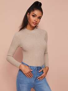 SHEIN Privé Jersey tejido de canalé de cuello alto unicolor - Albaricoque - Ver 4