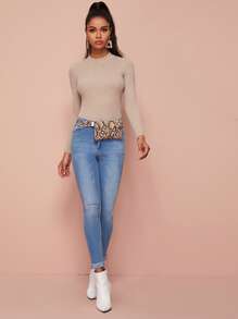 SHEIN Privé Jersey tejido de canalé de cuello alto unicolor - Albaricoque - Ver 5