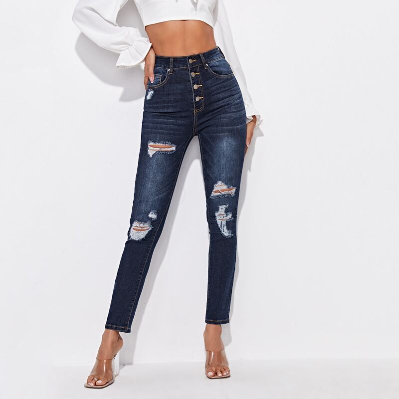 

High Waist Button Fly Ripped Skinny Jeans, Dark wash