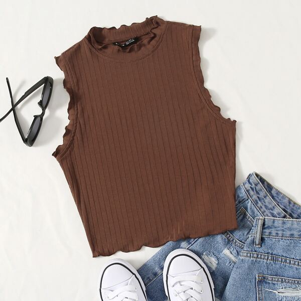 

Lettuce Trim Rib-knit Tank Top, Brown