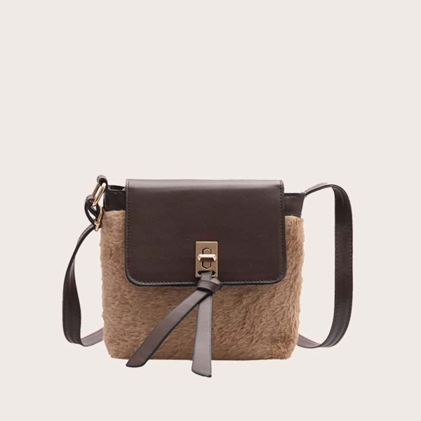 

Contrast PU Fluffy Crossbody Bag, Brown