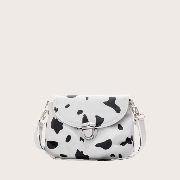 

Push Lock Cow Print Shoulder Bag, Black and white