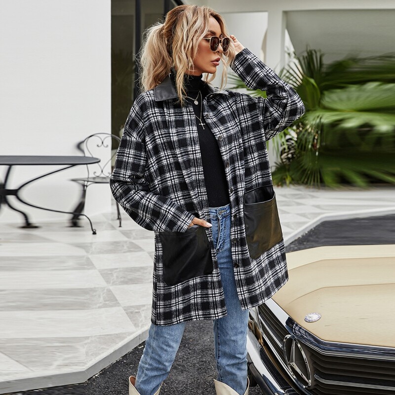 

Plaid Dual Pocket Button Up Coat, Black and white