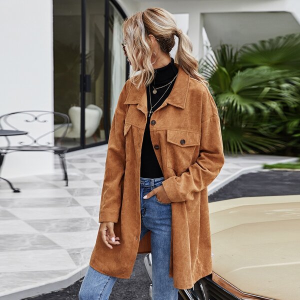 

Button Through Flap Pocket Corduroy Coat, Brown
