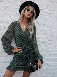 Ruched Ruffle Hem Surplice Dress - Dark Green - View 1