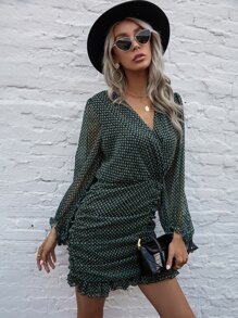 Ruched Ruffle Hem Surplice Dress - Dark Green - View 4