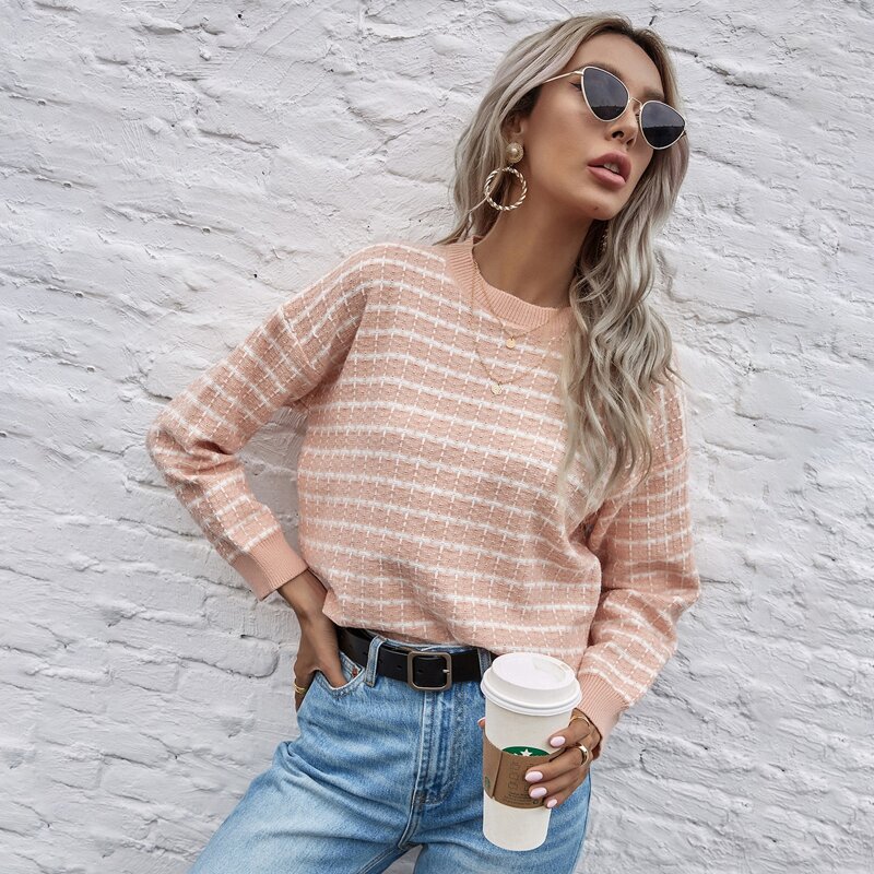 

Plaid Pattern Drop Shoulder Sweater, Pastel coral orange