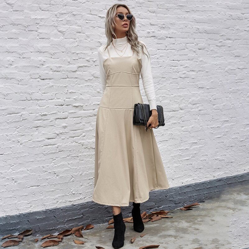 

Solid Seam Cami Dress Without Sweater, Beige
