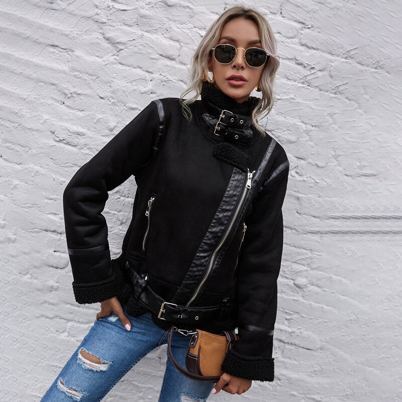 

Sherpa Lined Spliced PU Buckle Detail Moto Jacket, Black