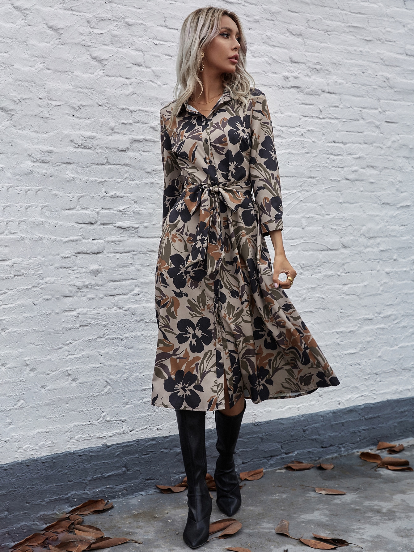 Allover Floral Belted Shirt Dress thumbnail
