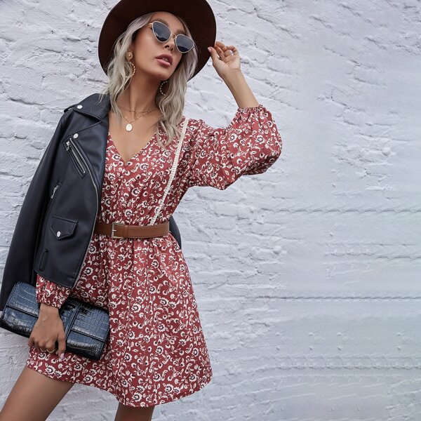

Allover Floral V Neck Dress Without Belt, Burgundy
