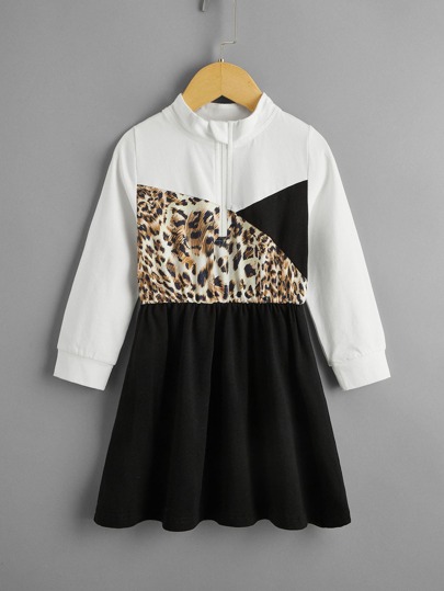 فستان بيبيدول ألوان متباينة طباعة الفهد سستة للبنات الصغار