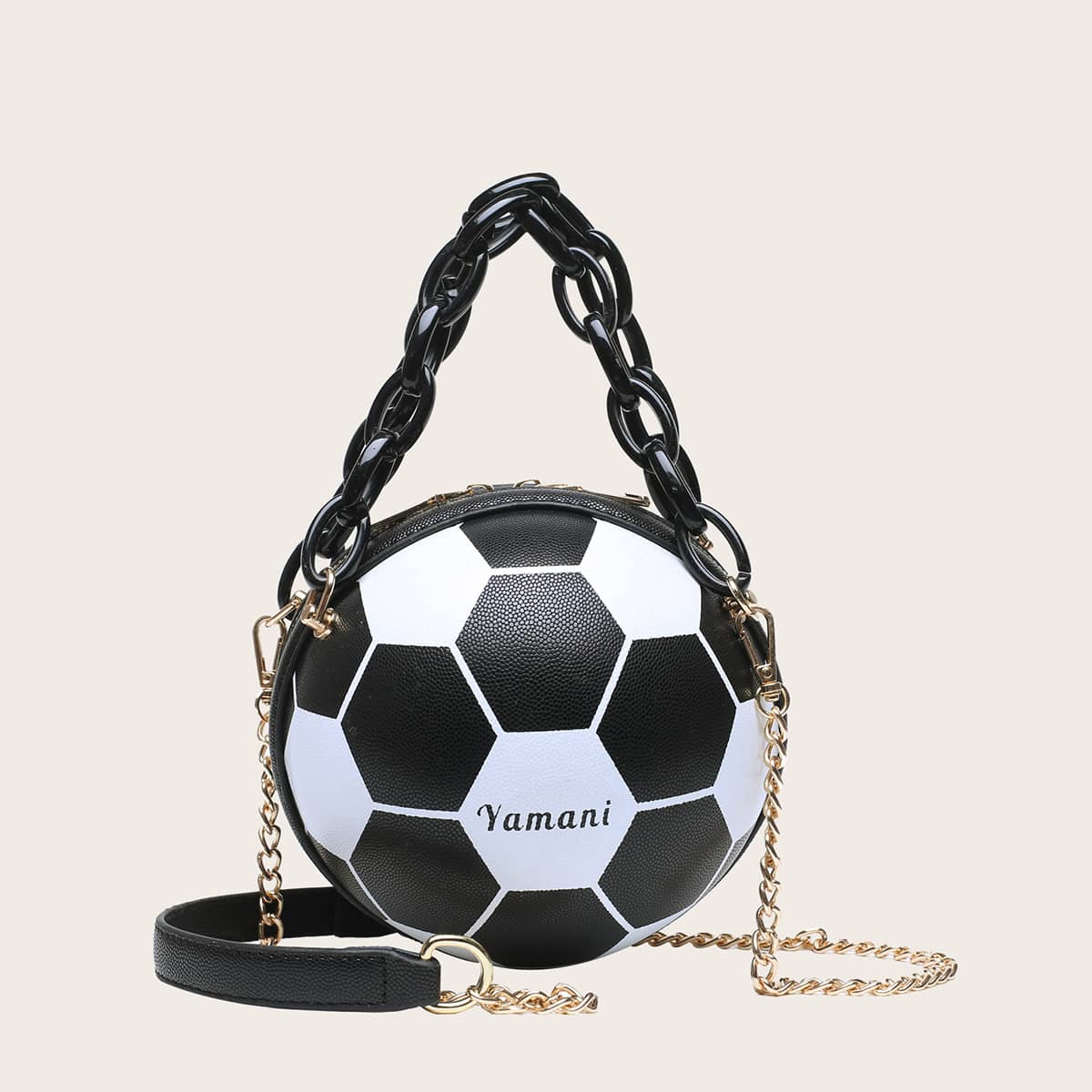

Football Design Chain Satchel Bag, Black and white