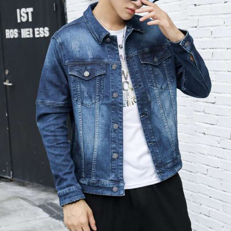 

Guys Newspaper Print Single Breasted Denim Jacket, Dark wash
