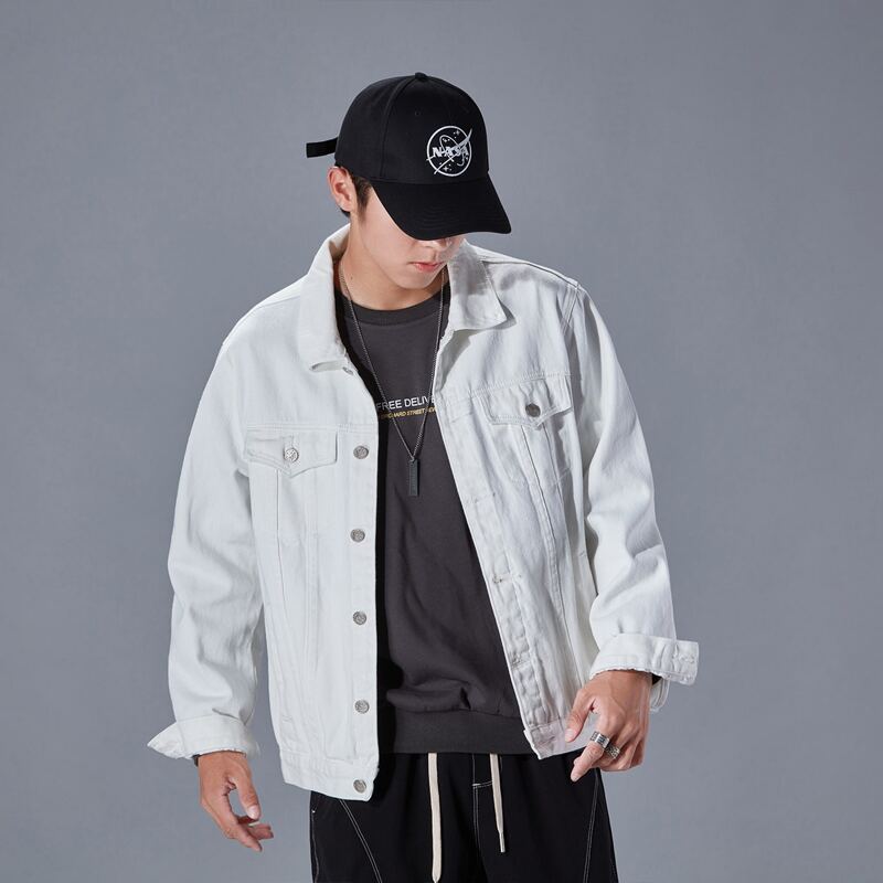 

Guys Single Breasted Double Pocket Denim Jacket, White