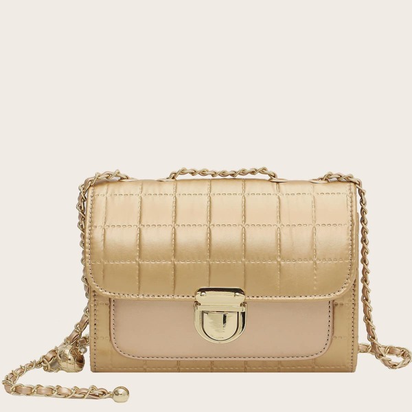 

Stitch Detail Push Lock Shoulder Bag, Gold
