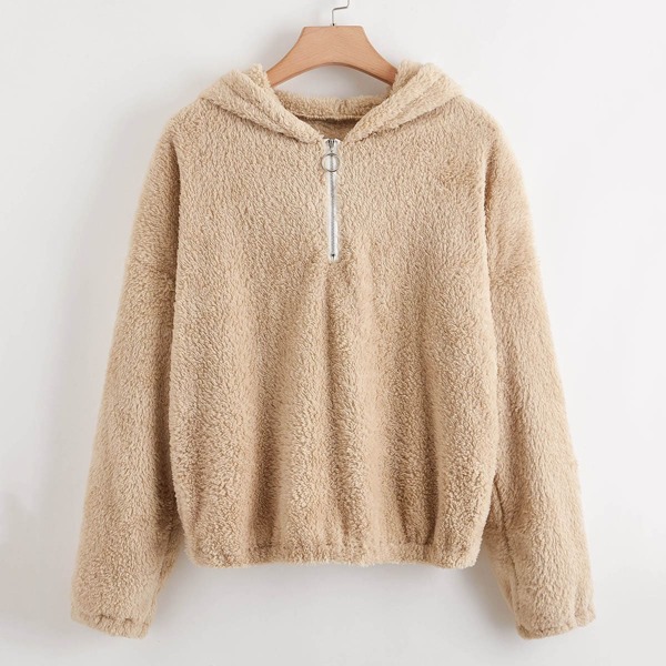 

Plus Half Ring Zipper Flannel Hoodie, Khaki