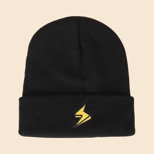

Men Thunder Embroidery Cuffed Beanie, Black