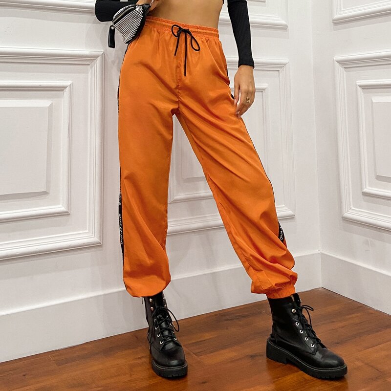 

Double Crazy Drawstring Waist Letter Graphic Tape Pants, Orange