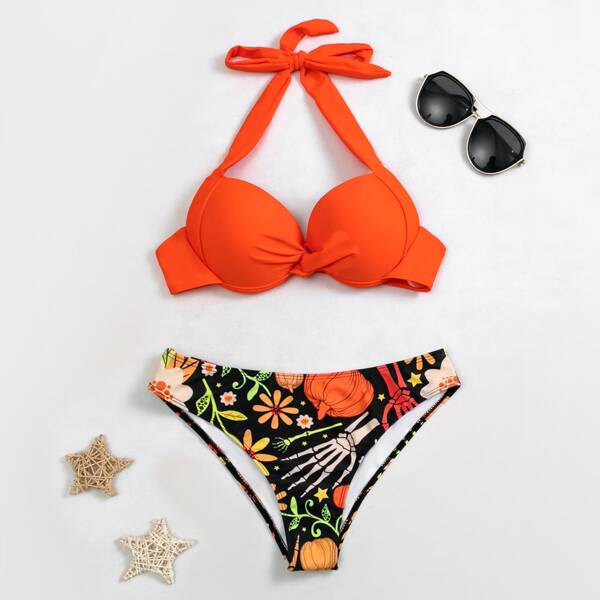 

Halloween Print Underwire Halter Bikini Swimsuit, Multicolor