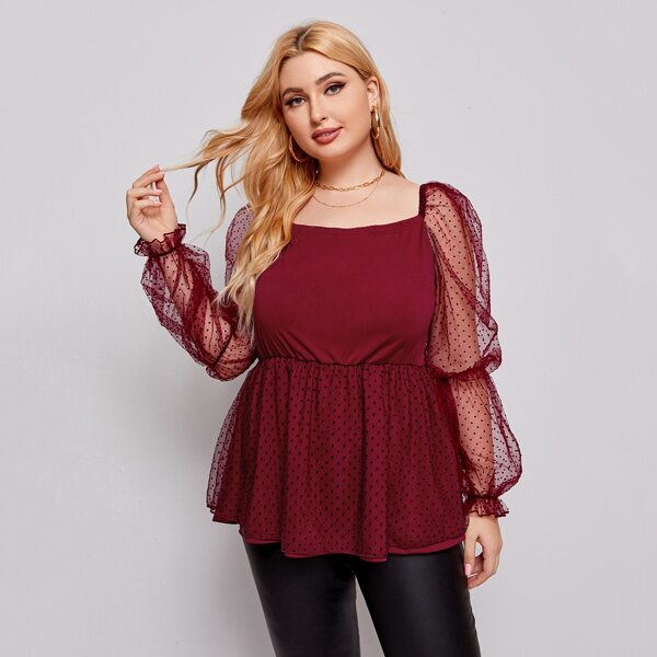 

Plus Dobby Mesh Panel Peplum Top, Maroon