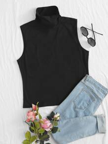 Calvaya 大碼高領素色背心上衣 - 黑色 - 查看 1
