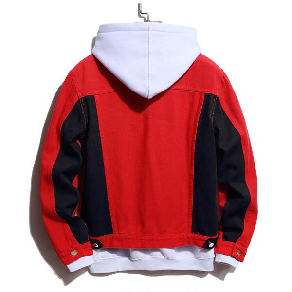

Men Contrast Panel Flap Pocket Denim Jacket, Red