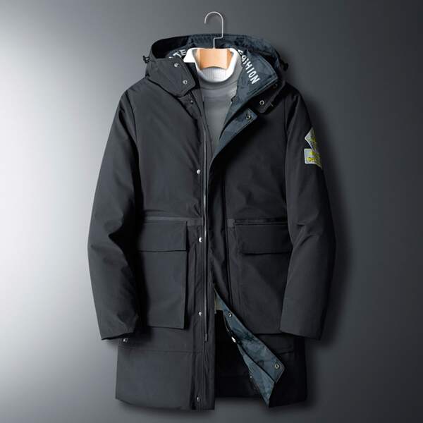 

Men Letter Print Flap Pocket Zip-up Hooded Coat, Black