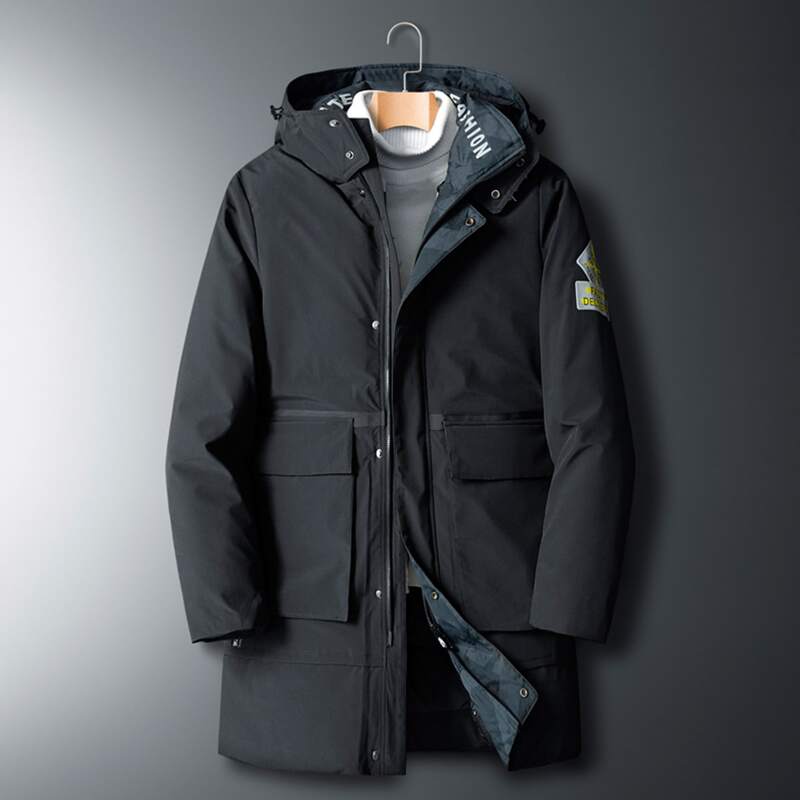 

Guys Letter Print Flap Pocket Zip-up Hooded Coat, Black