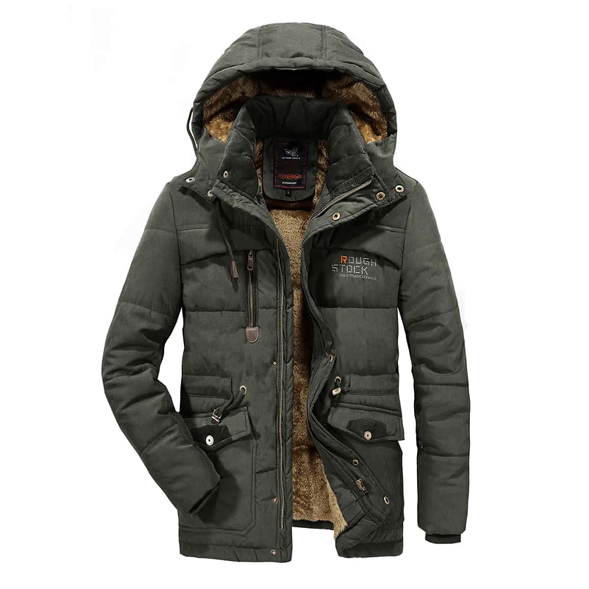 

Guys Letter Embroidery Flap Pocket Drawstring Hooded Coat, Army green