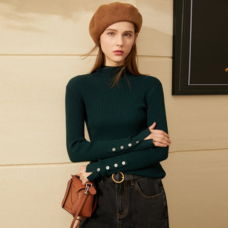 

AMII Button Side Ribbed Knit Sweater, Dark green