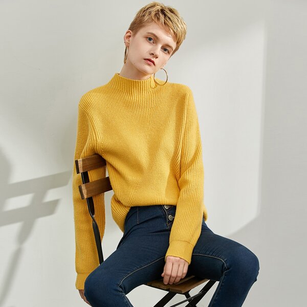 

Mock Neck Ribbed Knit Sweater, Mustard yellow