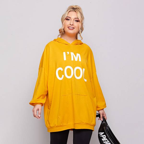 

Plus Slogan Graphic Drop Shoulder Oversized Hoodie, Yellow