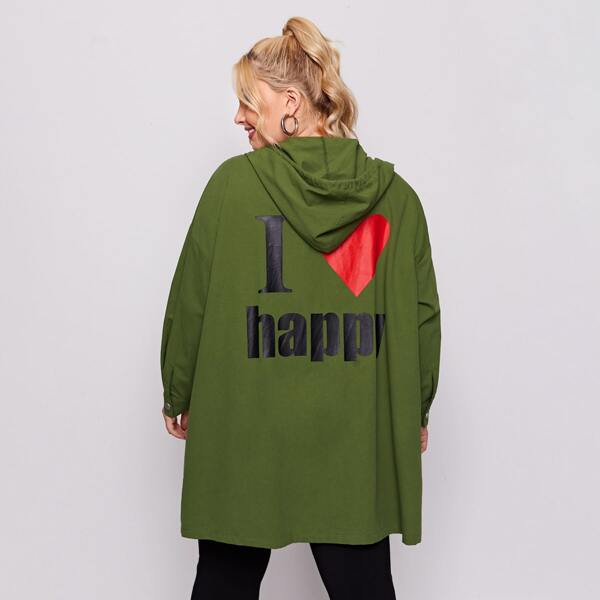 

Plus Letter and Heart Print Hooded Coat, Army green