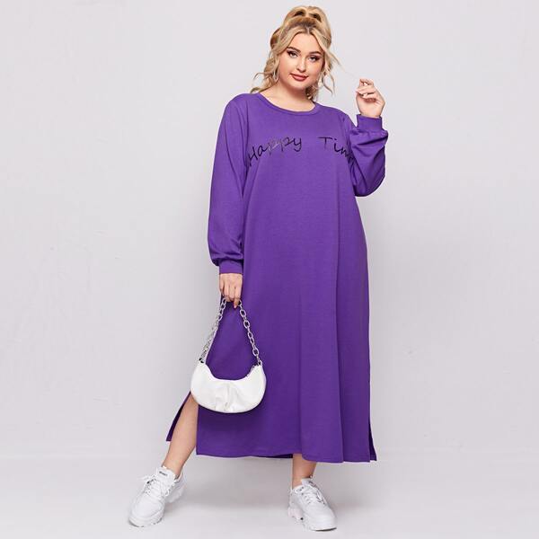 

Plus Slogan Graphic Split Hem Sweatshirt Dress, Violet purple