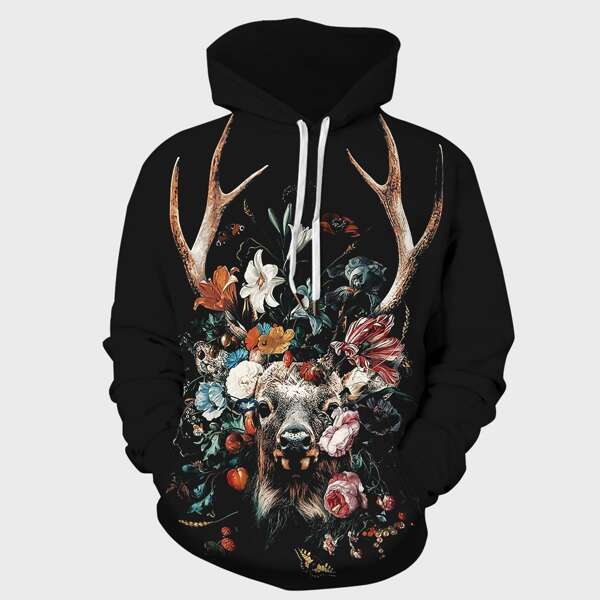 

Men Deer And Floral Print Drawstring Hoodie, Multicolor