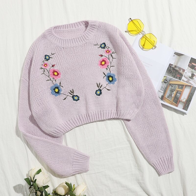 

Drop Shoulder Floral Embroidery Crop Sweater, Pastel mauve purple