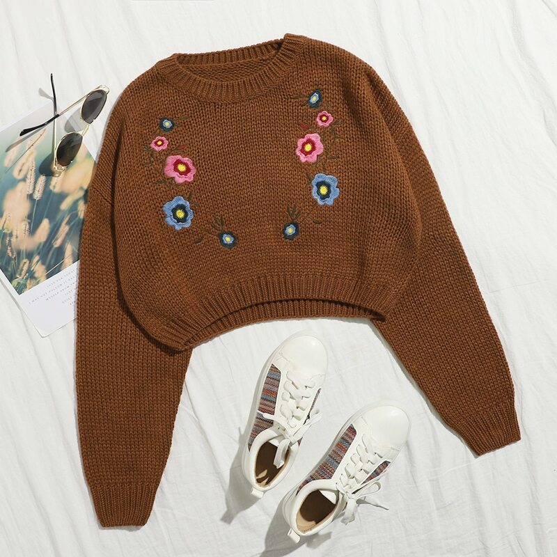 

Drop Shoulder Floral Embroidery Crop Sweater, Brown