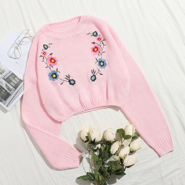 

Drop Shoulder Floral Embroidery Crop Sweater, Pastel baby pink