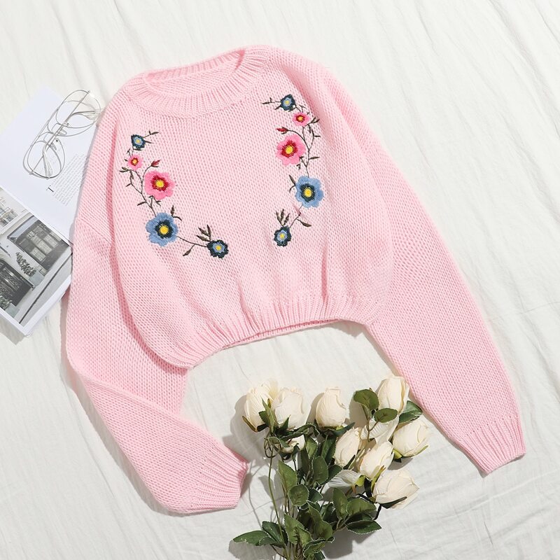 

Drop Shoulder Floral Embroidery Crop Sweater, Pastel baby pink