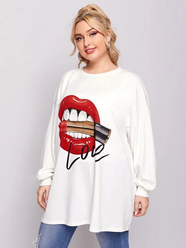 Plus Size Lip And Letter Graphic Drop Shoulder Pullover