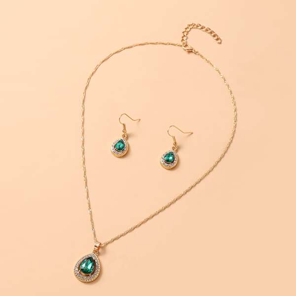 

3pcs Water Drop Decor Jewelry Set, Green