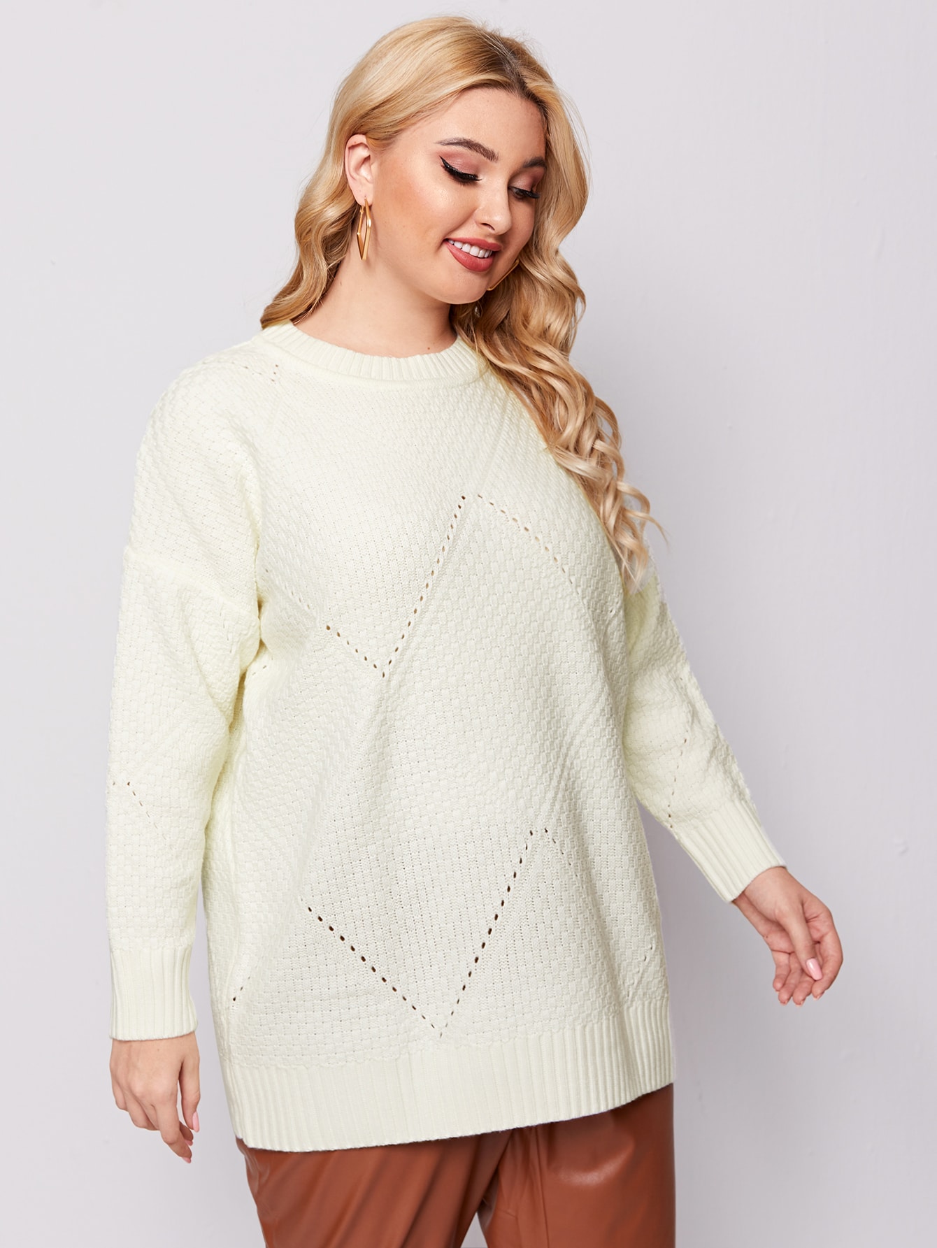 Plus Drop Shoulder Pointelle Knit Sweater thumbnail