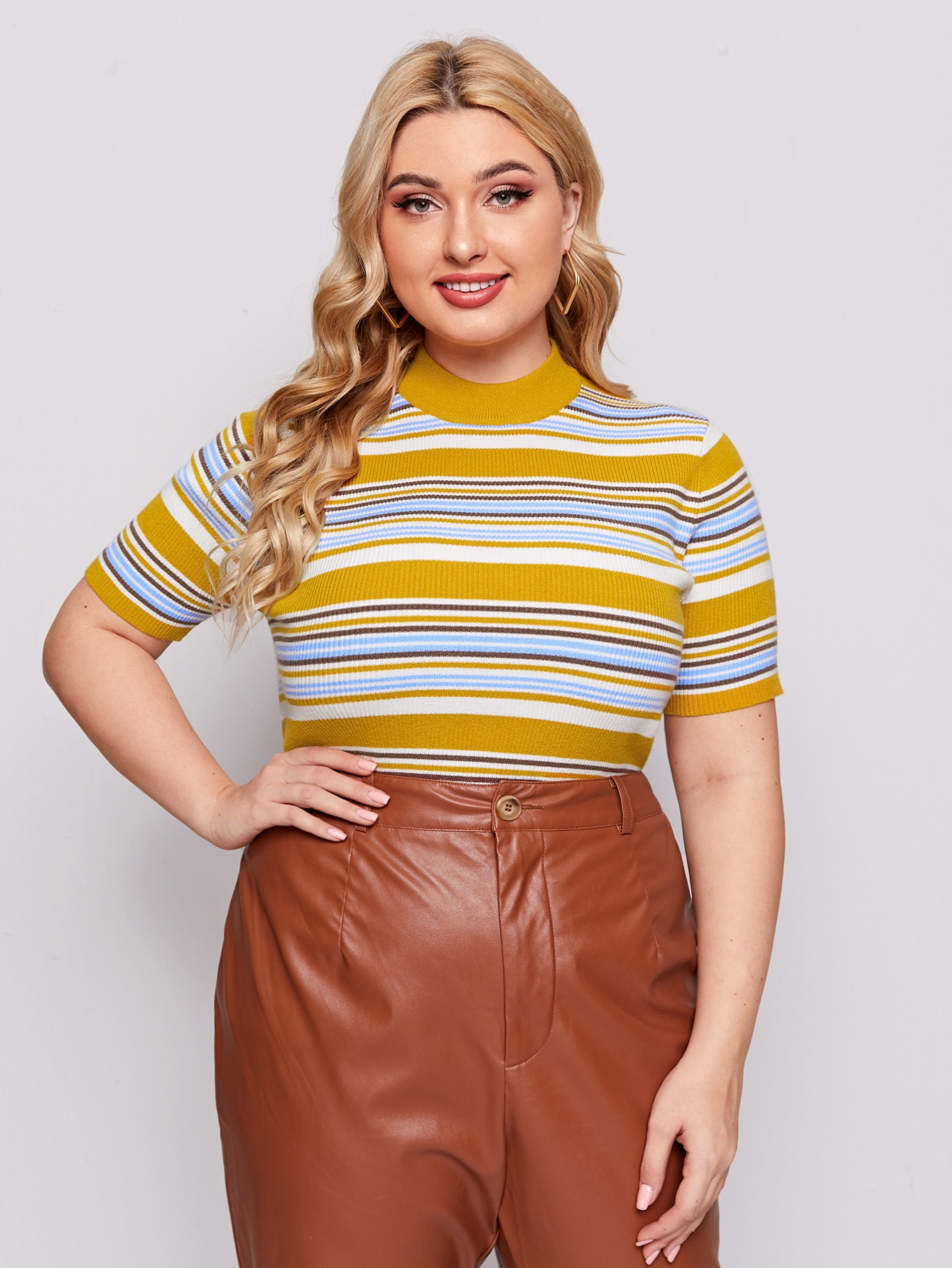 Plus Mock Neck Striped Knit Top thumbnail