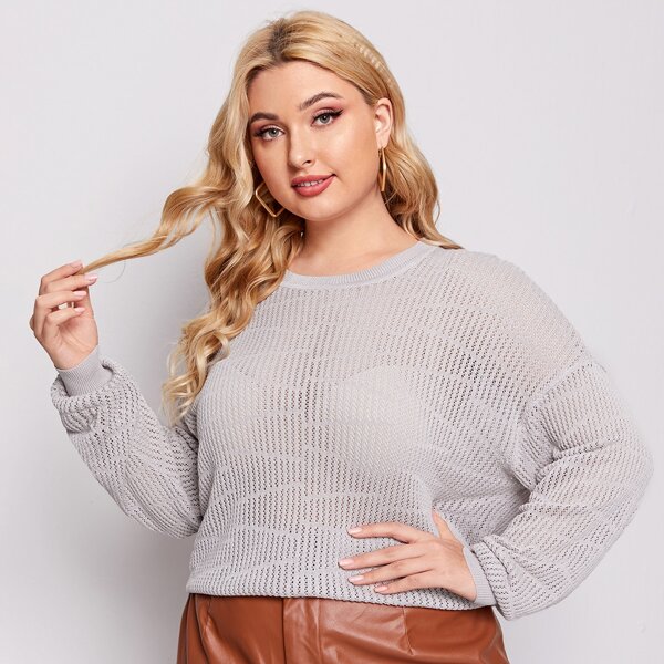

Plus Drop Shoulder Pointelle Knit Sweater, Light grey