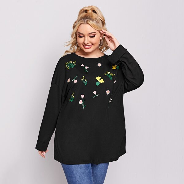 

Plus Floral Print Drop Shoulder Top, Black