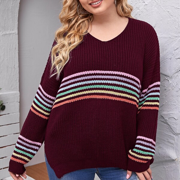 

Plus V-neck Rainbow Striped Sweater, Maroon